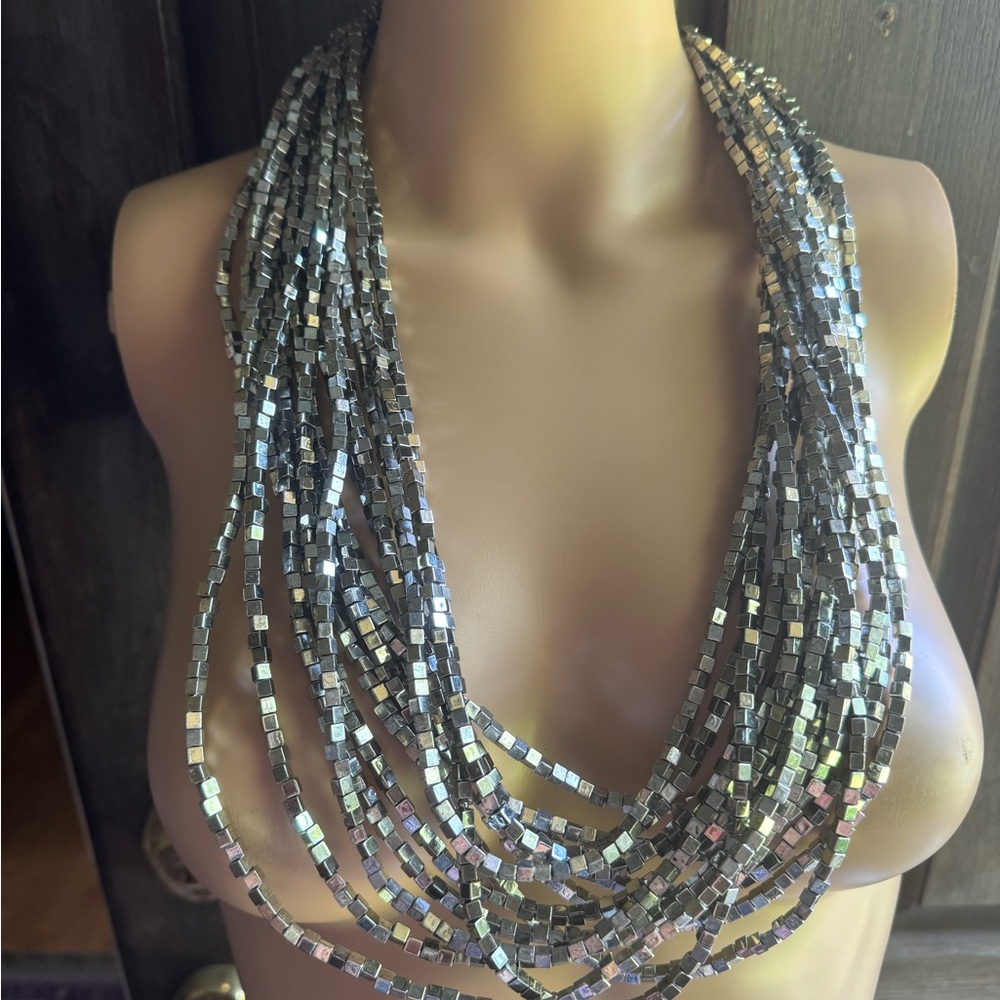 Necklace Long Multi Strand Declete coverage Shiny Metallic Hues Silver 22"